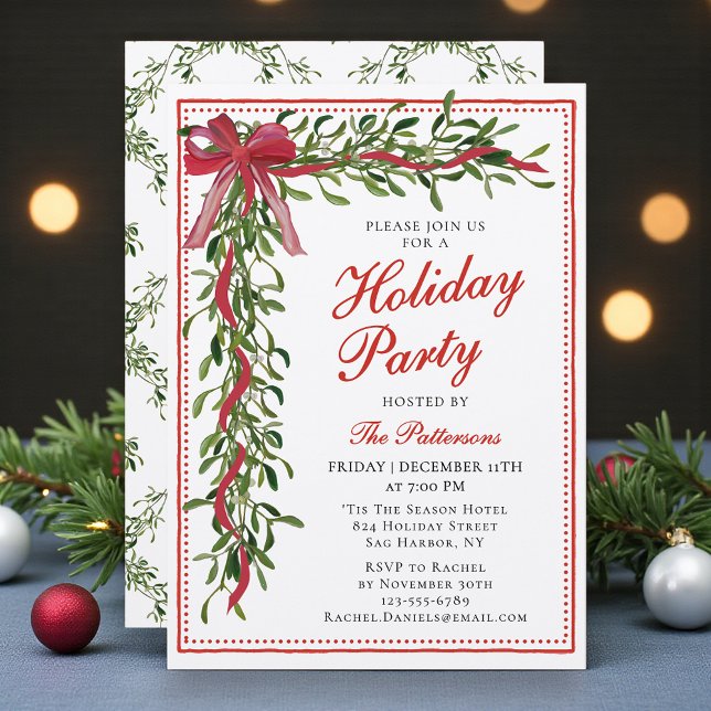 Holiday Party Mistletoe Bow Modern Christmas Party Invitation (Creator Uploaded)