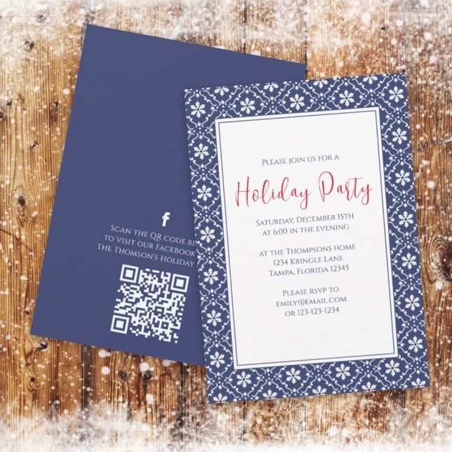 Holiday Party Navy Blue Snowflake QR Code Facebook Invitation (Creator Uploaded)