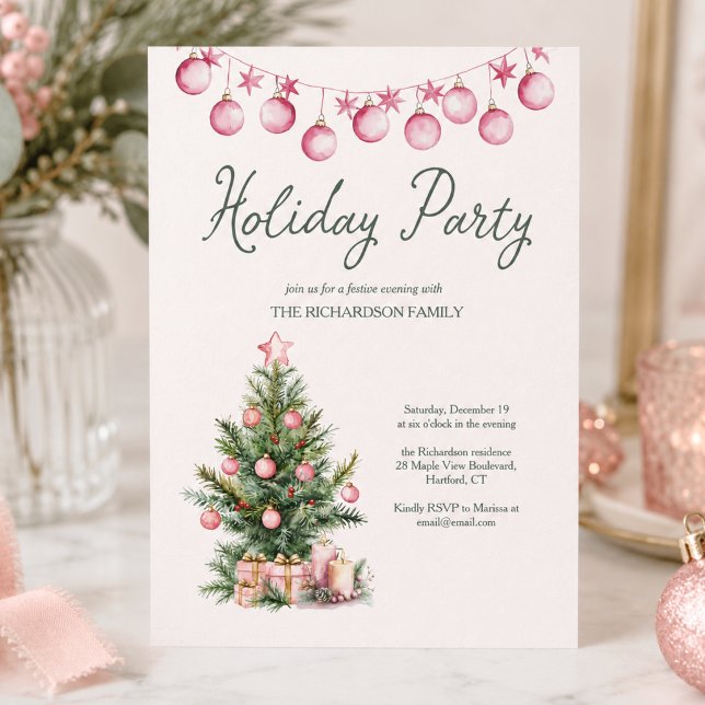 Holiday Party Pink Christmas Tree Invitation (cute whimsical pink christmas tree baubles custom holiday party invitation)