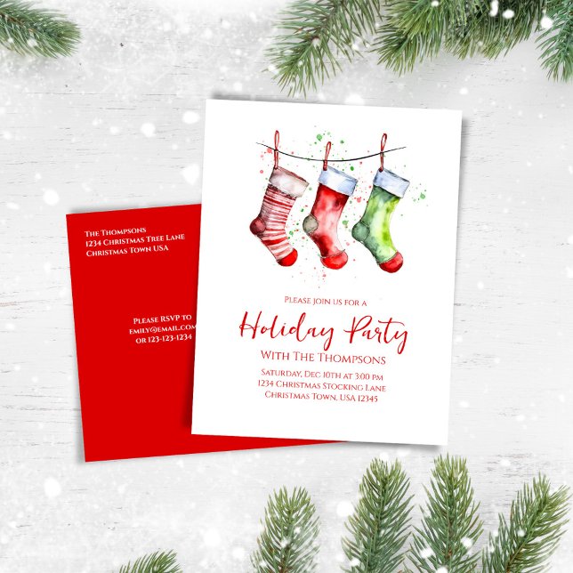 Holiday Party Red and Green Stockings Postcard (Whimsical Holiday party invitation postcard. )