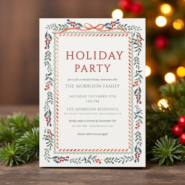 Holiday Party Red Bow Festive Botanical Holiday Invitation (Creator Uploaded)