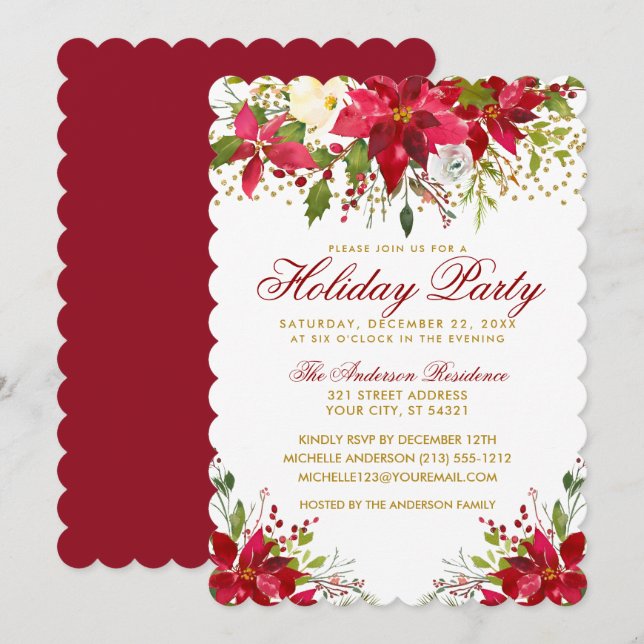 Holiday Party Red Floral Poinsettia Gold Glitter Invitation (Front/Back)