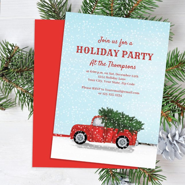 Holiday Party Red Truck Classic Custom Invitation (Holiday party invitation with classic red truck design.)