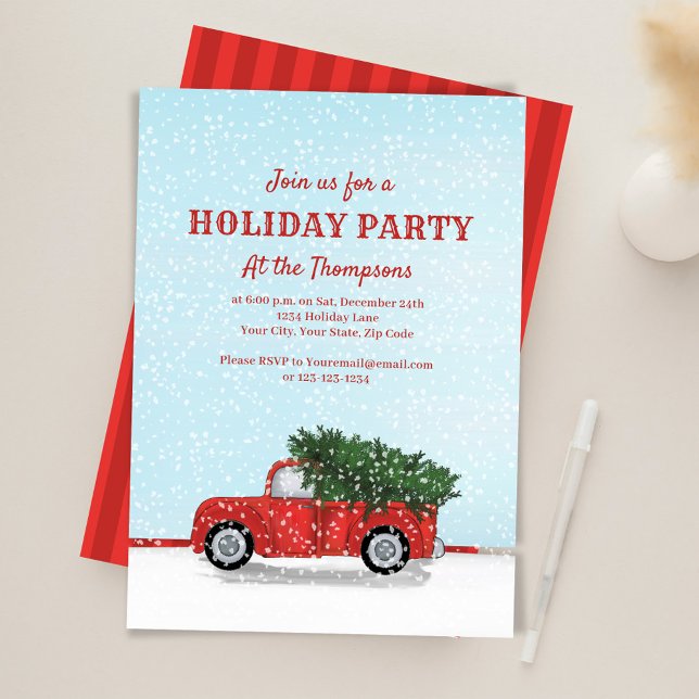 Holiday Party Red Truck Classic Custom Invitation (Red rustic truck custom Holiday party invitations.)