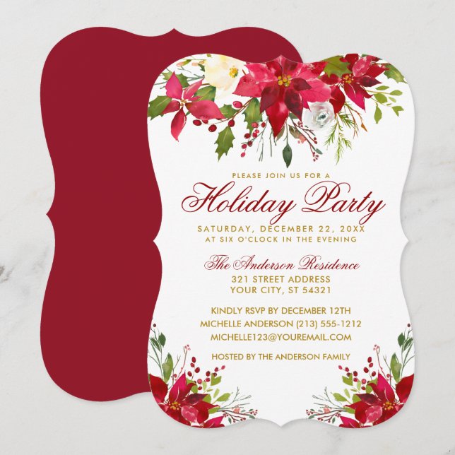 Holiday Party Red Watercolor Floral Poinsettia Invitation (Front/Back)