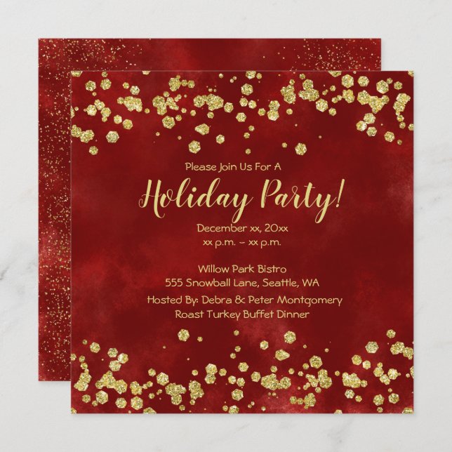 Holiday Party, Red, White, Gold,  Invitation (Front/Back)
