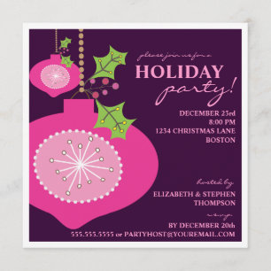 Holiday Party Retro Pink Ornament Invitation