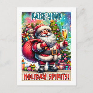 Holiday Party Santa – Champagne, Tree & Teddy Bear Postcard
