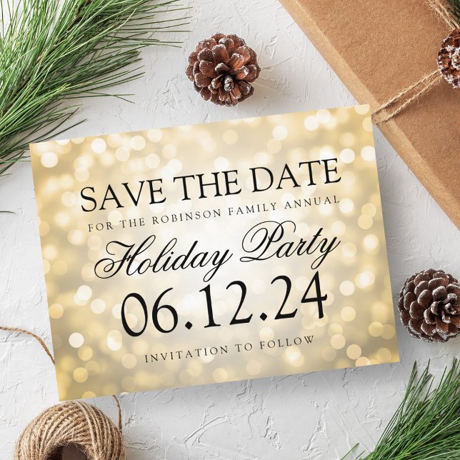 Holiday Party Save The Date Gold Glitter Lights Announcement Postcard (Holiday Party Save The Date Gold Glitter Lights Announcement Postcard)