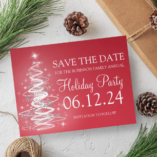 Holiday Party Save The Date Sparkling Tree Red Announcement Postcard