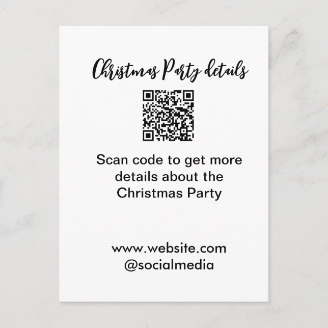 Holiday party Scan QR code details website social  Postcard (Front)