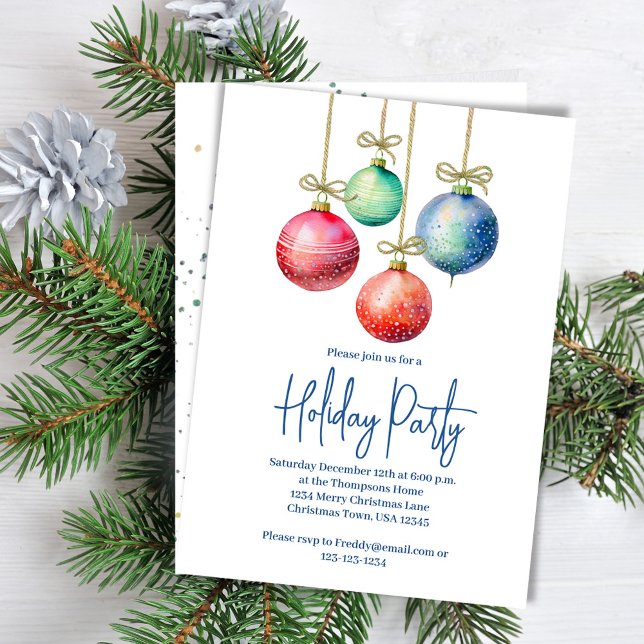Holiday Party Simple Watercolor Ornaments Invitation (Holiday party invitation with colorful ornaments. )