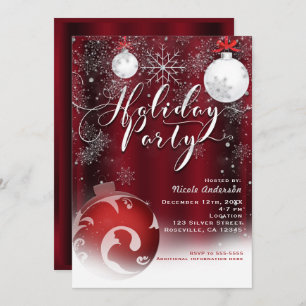 Holiday Party Snowflake Red Silver Ornaments Invitation