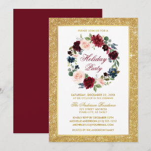 Holiday Party Watercolor Floral Gold Glitter Invitation