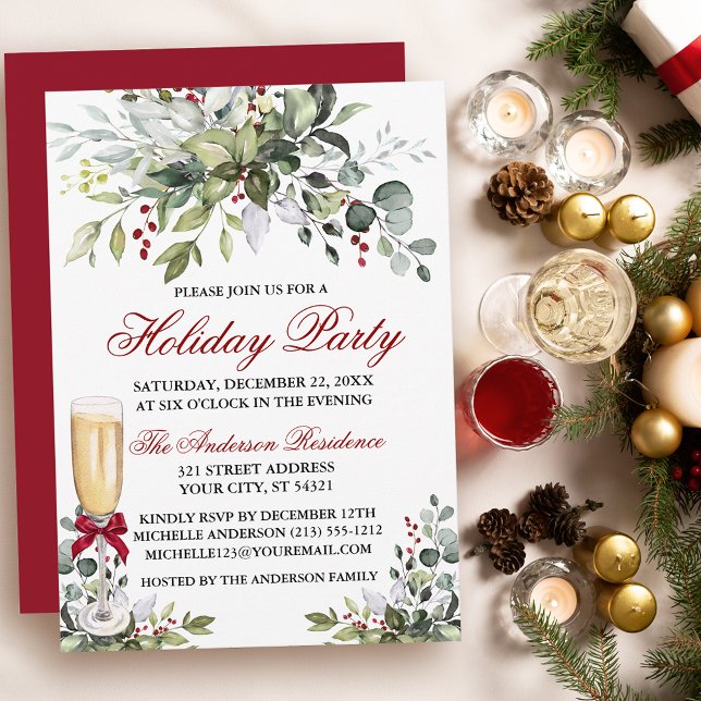 Holiday Party Watercolor Greenery Berries Glass Invitation (Customize to change text color, size, style or to change color of back of card.)