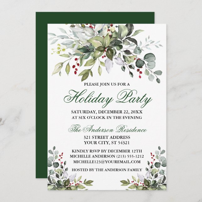 Holiday Party Watercolor Greenery Berries Invitation (Front/Back)