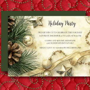Holiday Party Watercolor Invitation Pine Cone Gold