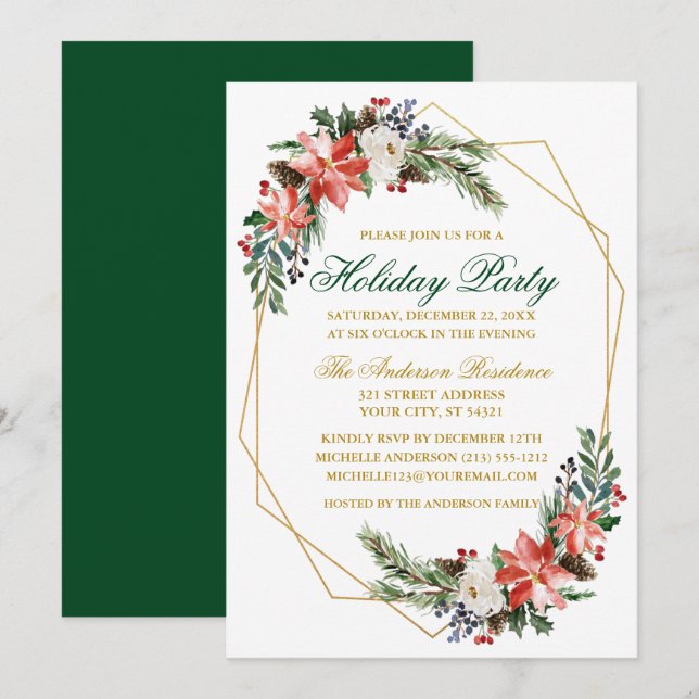 Holiday Party Watercolor Poinsettia Gold Green Invitation (Front/Back)