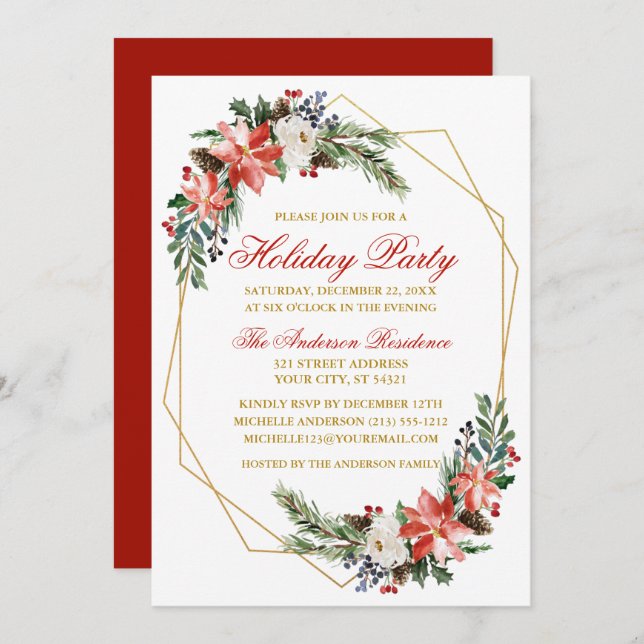 Holiday Party Watercolor Poinsettia Gold Red Invitation (Front/Back)
