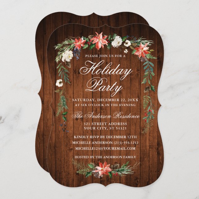 Holiday Party Wood Watercolor Poinsettia Invitation (Front/Back)