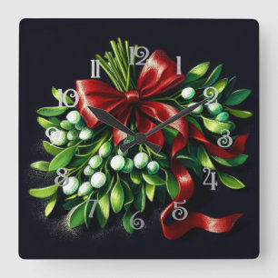 Holiday Pastel Drawing Mistletoe Ribbon Square Wall Clock