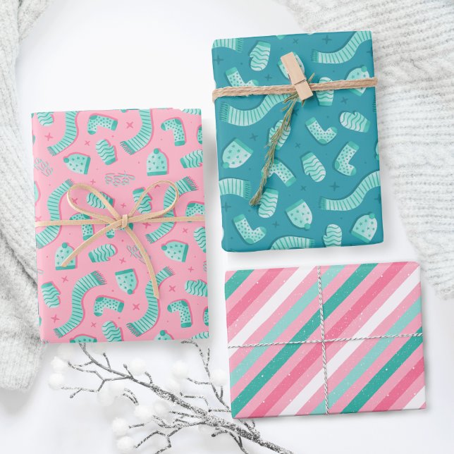 Holiday Pattern Pink Christmas Wrapping Paper (Modern and festive Winter holiday pink and teal pattern gift wrapping paper.)