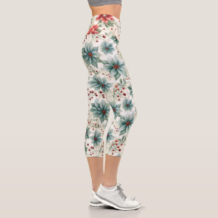 Holiday Patterned Poinsettia 2-Color High-Waisted Capri Leggings