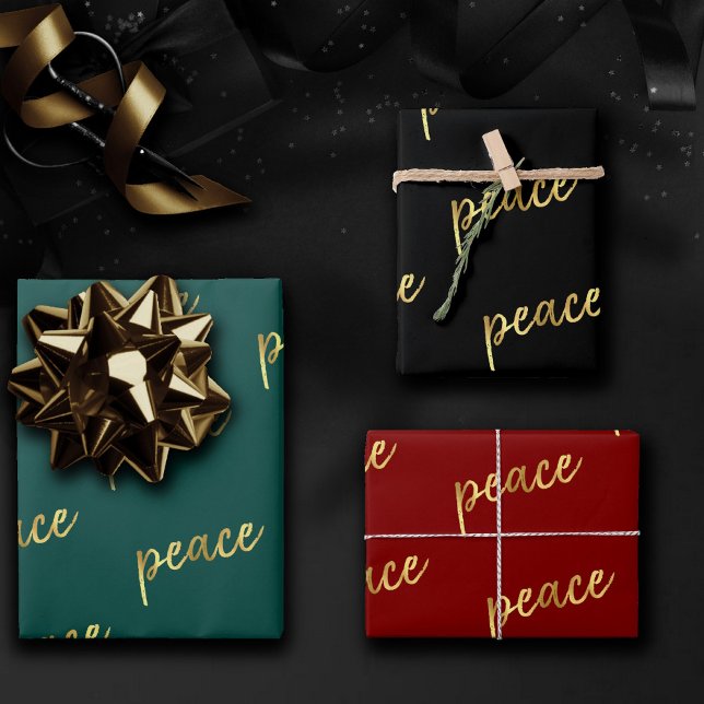 Holiday Peace | Faux Gold Foil Calligraphy Black Wrapping Paper Sheet (Creator Uploaded)