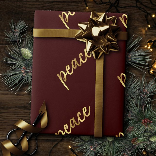 Holiday Peace | Faux Gold Foil Calligraphy Red Wrapping Paper (Creator Uploaded)