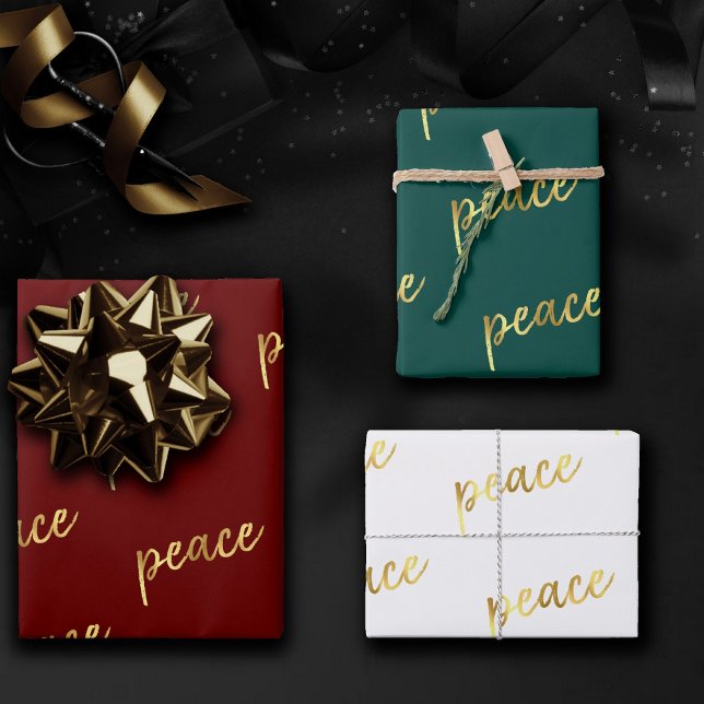 Holiday Peace | Faux Gold Foil Calligraphy White Wrapping Paper Sheet (Creator Uploaded)