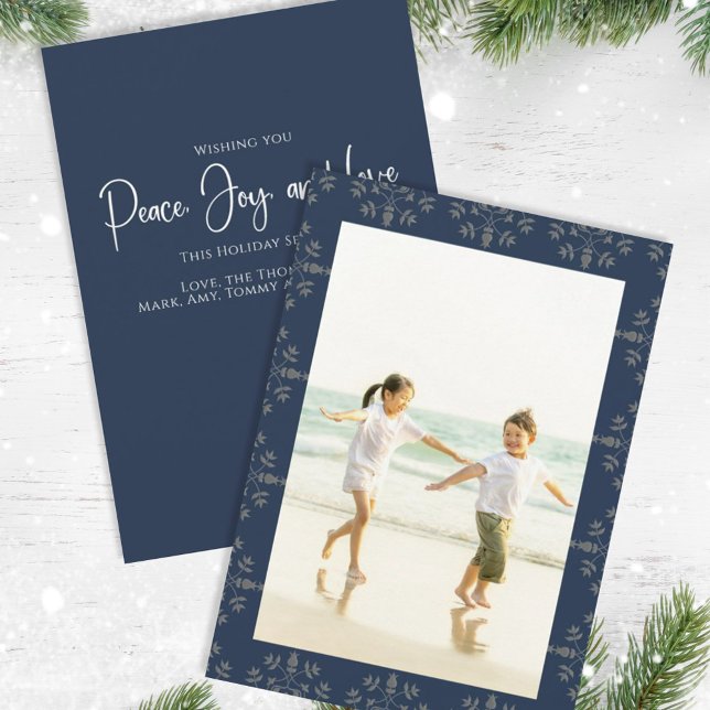 Holiday Peace Joy Love Elegant Snowflakes 1 Photo (Christmas holiday simple peace, joy, and love navy blue photo card. )
