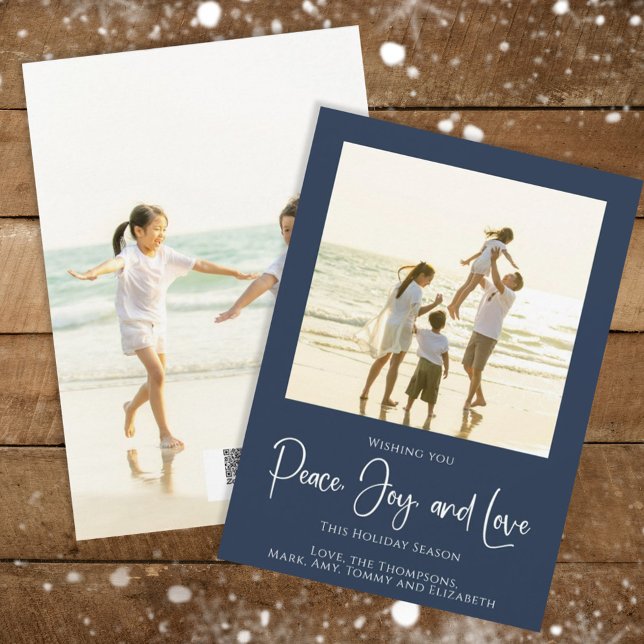 Holiday Peace Joy Love Elegant Snowflakes 2 Photo (Christmas holiday simple peace, joy, and love navy blue photo card. )