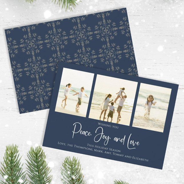 Holiday Peace Joy Love Elegant Snowflakes 3 Photo Card (Christmas holiday simple peace, joy, and love navy blue multi photo card. )