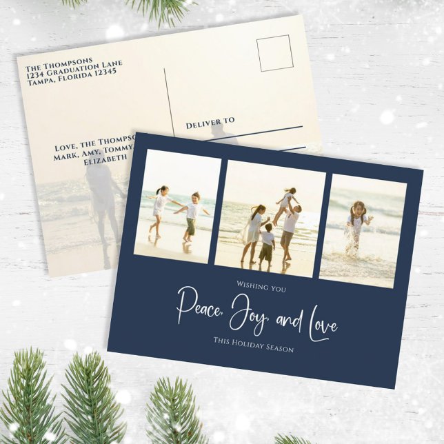 Holiday Peace Joy Love Elegant Snowflakes 4 Photo Postcard (Christmas holiday simple photo postcard template with an elegant navy blue design. )