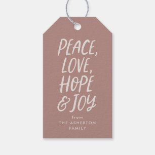 Holiday peace love hope joy neutral pink Christmas Gift Tags