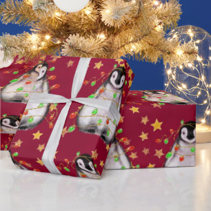 Holiday Penguin - twinkle red and green lights Wra Wrapping Paper