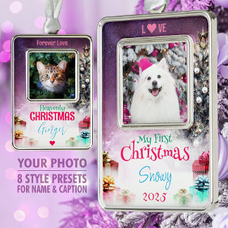 Holiday Pet Photo Keepsake, Tree & Gifts, Purple - Silver Plated Framed Ornament