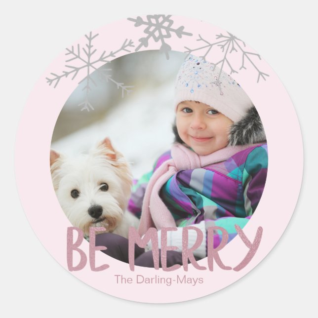 Holiday Photo Be Merry Christmas Pink Snowflakes Classic Round Sticker (Front)