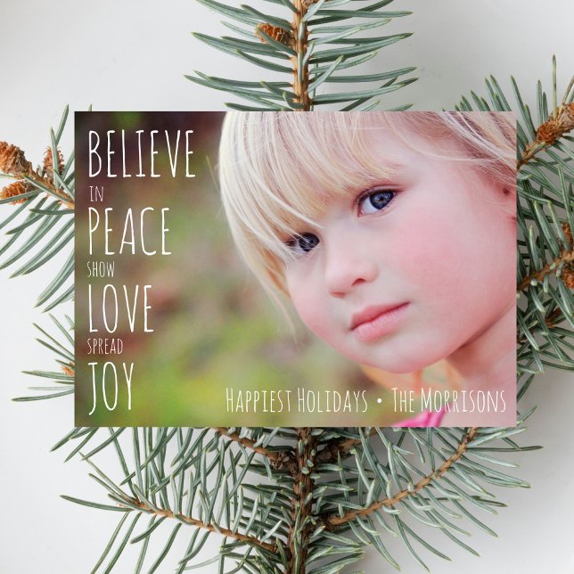 Holiday Photo Believe Joy Peace Love Christmas Card (Creator Uploaded)