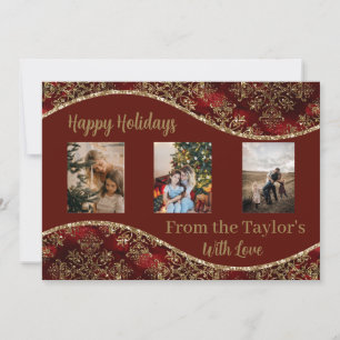 Holiday Photo Card with Red Gold Glittery Border