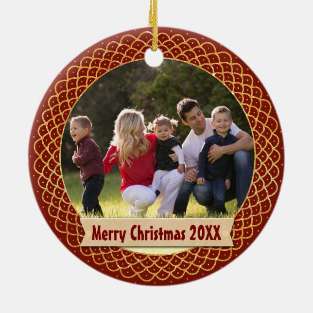 Holiday Photo Frame | Editable Text Red and Gold Ceramic Tree Decoration (Back)