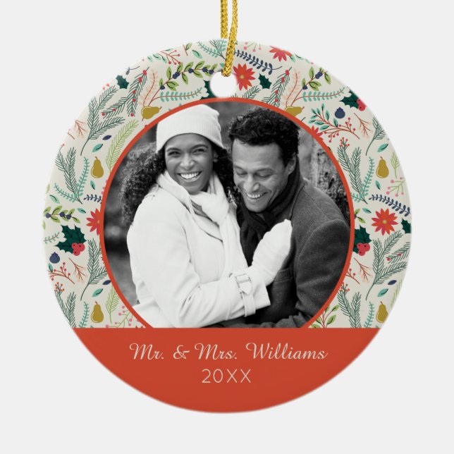 Holiday Photo | Merry Christmas Holiday Floral Ceramic Tree Decoration (Front)