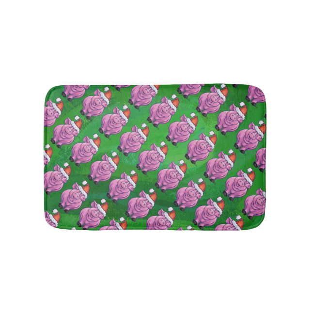 Holiday Pig in Santa Hat Pattern on Green Bath Mat (Front)