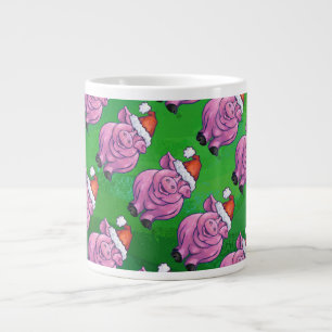Holiday Pig in Santa Hat Pattern on Green Large Coffee Mug