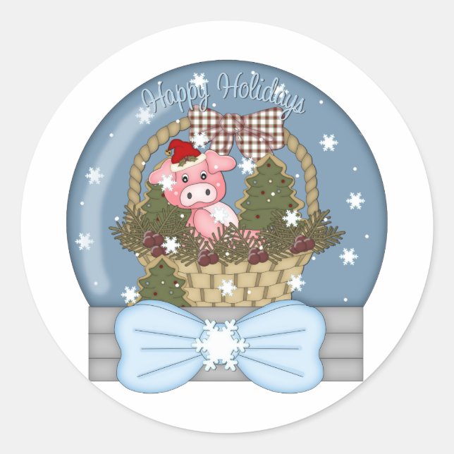 Holiday Pig Snow Globe Classic Round Sticker (Front)