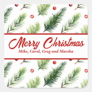Holiday Pine And Berries Custom Christmas Square Sticker