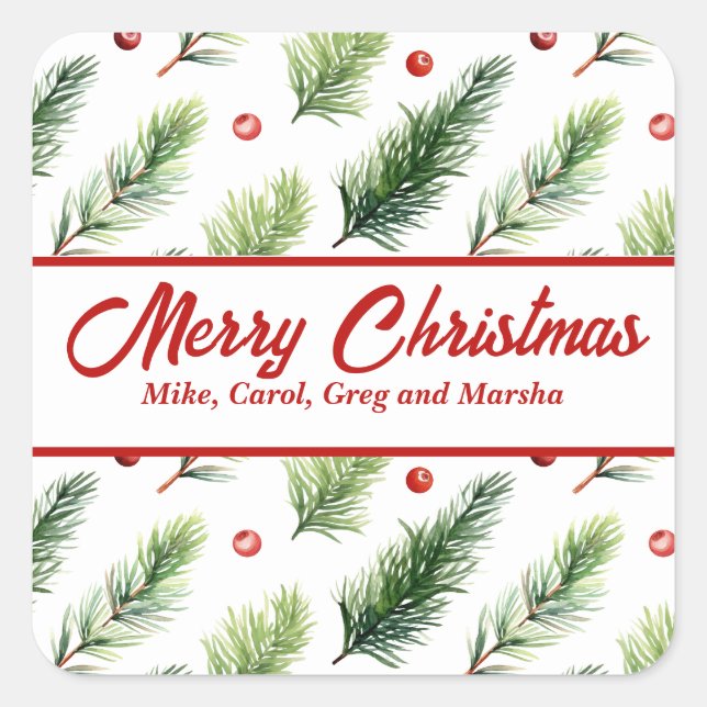 Holiday Pine And Berries Custom Christmas Square Sticker (Front)