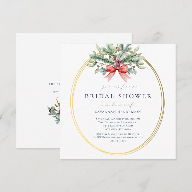 Holiday Pine and Gold Bridal Shower Invitation (Front/Back)