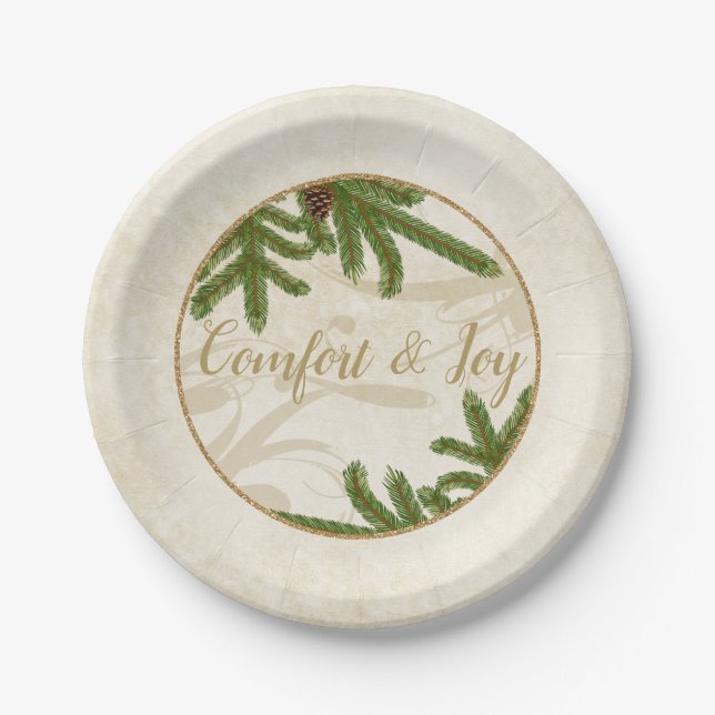 Holiday Pine Boughs Comfort and Joy Paper Plate (Front)