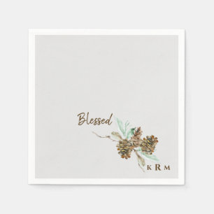 Holiday Pine Cone Blessed Monogram Cocktail Napkin